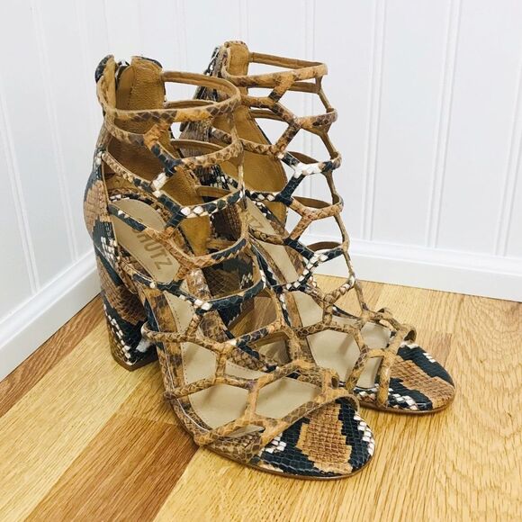 SCHUTZ Juliana Leather Caged Block Heel Sandal Snake Embossed Tan Black Size 7.5 - Picture 2 of 14